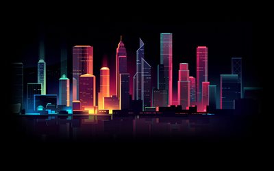abstract cityscapes, 4k, minimalism, skyline cityscapes, abstract buildings, creative, black backgrounds, skyscrapers, abstract nightscapes
