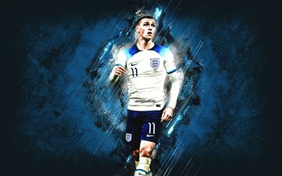 Phil Foden, England national football team, English footballer, midfielder, portrait, blue stone background, England, football