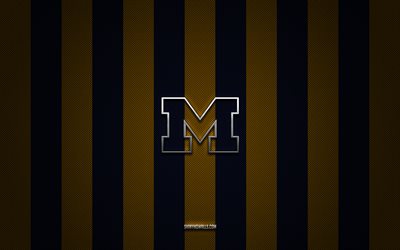 Michigan Wolverines logo, American football team, NCAA, blue yellow carbon background, Michigan Wolverines emblem, football, Michigan Wolverines, USA, Michigan Wolverines silver metal logo