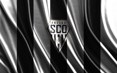 Angers SCO logo, Ligue 1, black white silk texture, Angers SCO flag, French football team, Angers SCO, football, silk flag, Angers SCO emblem, France, Angers SCO badge