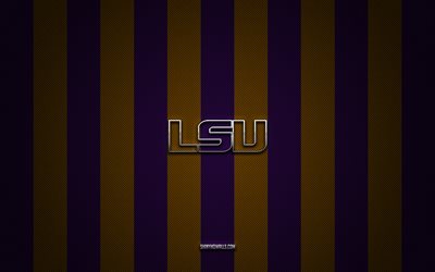 LSU Tigers logo, American football team, NCAA, purple yellow carbon background, LSU Tigers emblem, football, LSU Tigers, USA, LSU Tigers silver metal logo