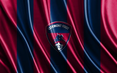 clermont foot 63-logo, ligue 1, bordeauxblaue seidenstruktur, clermont foot 63-flagge, französische fußballmannschaft, clermont foot 63, fußball, seidenflagge, clermont foot 63-emblem, frankreich, clermont foot 63-abzeichen