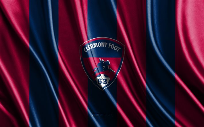 Clermont Foot 63 logo, Ligue 1, burgundy blue silk texture, Clermont Foot 63 flag, French football team, Clermont Foot 63, football, silk flag, Clermont Foot 63 emblem, France, Clermont Foot 63 badge