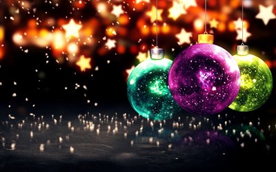 coloridas bolas de navidad, 4k, feliz año nuevo, adornos de navidad, navidad, bola de navidad, resplandor, fondos abstractos de navidad