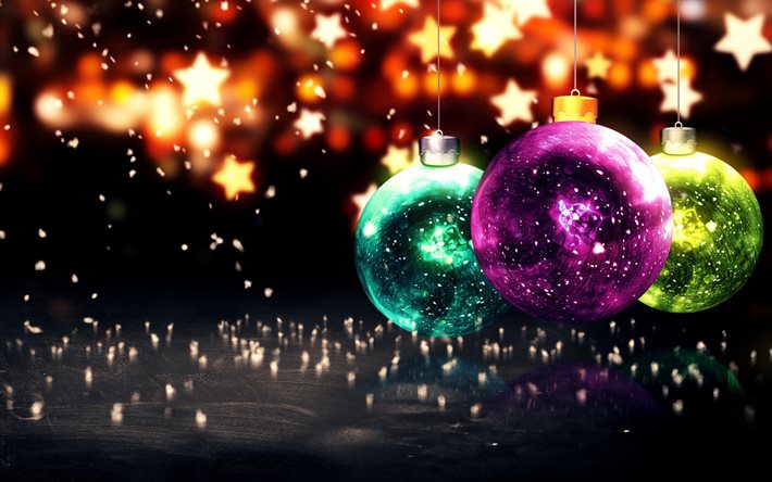 カラフルなクリスマス ボール, 4k, あけましておめでとう, クリスマスの飾り, クリスマス, クリスマスボール, グレア, 抽象的なクリスマスの背景