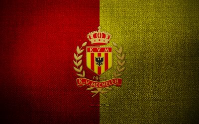 emblema kv mechelen, 4k, fundo de tecido amarelo vermelho, jupiler pro league, logo kv mechelen, logotipo esportivo, clube de futebol belga, kv mechelen, futebol, mechelen fc
