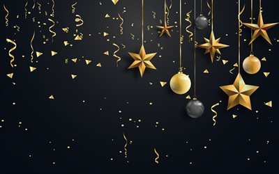 feliz natal, 4k, fundo de natal de ouro preto, feliz ano novo, bolas de natal douradas, estrelas douradas, padrão de feliz natal, fundo de cartão de natal