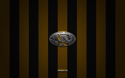missouri tigers logosu, amerikan futbol takımı, ncaa, sarı siyah karbon arka plan, missouri tigers amblemi, futbol, ​​missouri tigers, abd, missouri tigers gümüş metal logo