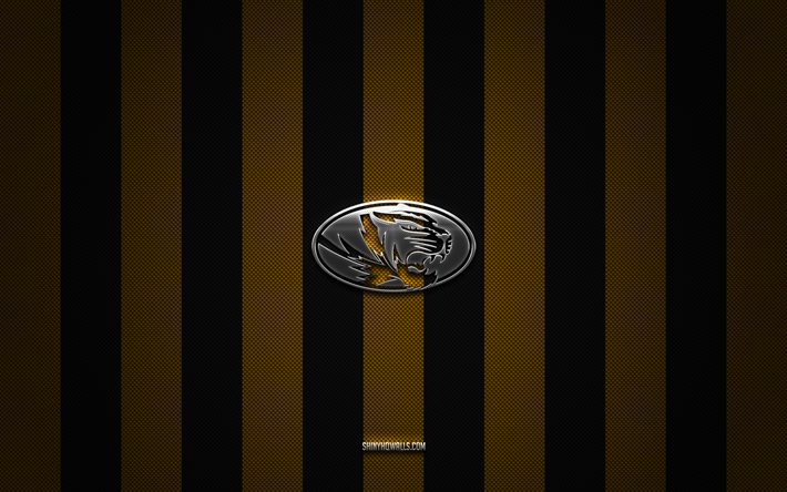logotipo de los tigres de misuri, equipo de fútbol americano, ncaa, fondo de carbono negro amarillo, emblema de los tigres de misuri, fútbol, ​​tigres de misuri, ee uu, logotipo de metal plateado de los tigres de misuri