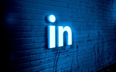 linkedin 네온 로고, 4k, 파란색 벽돌 벽, 그런지 아트, 창의적인, 와이어에 로고, linkedin 블루 로고, 소셜 네트워크, 링크드인 로고, 삽화, 링크드인