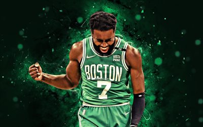 Jaylen Brown, 4k, green neon lights, Boston Celtics, NBA, basketball, Jaylen Brown 4K, green abstract background, Jaylen Brown Boston Celtics