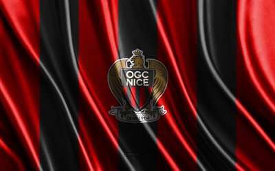 ogc nice-logo, ligue 1, rot-schwarze seidenstruktur, ogc nice-flagge, französische fußballmannschaft, ogc nice, fußball, seidenflagge, ogc nice-emblem, frankreich, ogc nice-abzeichen
