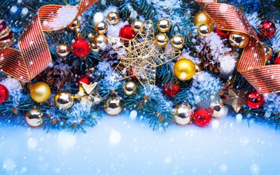 4k, decorazioni natalizie dorate, nastri rossi, palline di natale dorate, glitter, stelle, decorazioni natalizie, felice anno nuovo, coni, sfondo natalizio blu