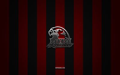 Miami RedHawks logo, American football team, NCAA, red black carbon background, Miami RedHawks emblem, football, Miami RedHawks, USA, Miami RedHawks silver metal logo