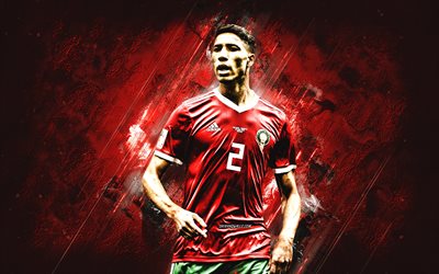 achraf hakimi, equipo nacional de fútbol de marruecos, retrato, fondo de piedra roja, jugador de fútbol marroquí, marruecos, fútbol