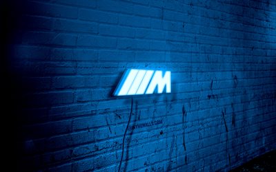 M-sport neon logo, 4k, blue brickwall, grunge art, creative, logo on wire, M-sport blue logo, cars brands, M-sport logo, artwork, M-sport