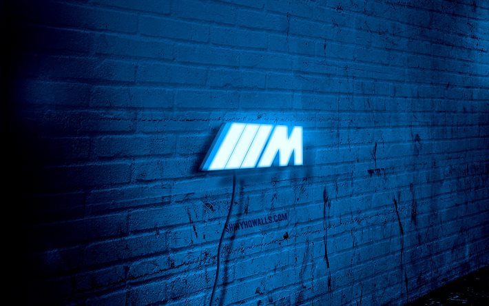 M-sport neon logo, 4k, blue brickwall, grunge art, creative, logo on wire, M-sport blue logo, cars brands, M-sport logo, artwork, M-sport