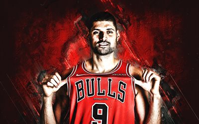 Nikola Vucevic, Chicago Bulls, portrait, Montenegrin basketball player, NBA, red stone background, National Basketball Association, USA, basketball