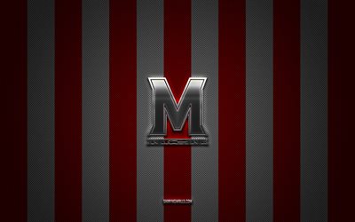 Maryland Terrapins logo, American football team, NCAA, red white carbon background, Maryland Terrapins emblem, football, Maryland Terrapins, USA, Maryland Terrapins silver metal logo