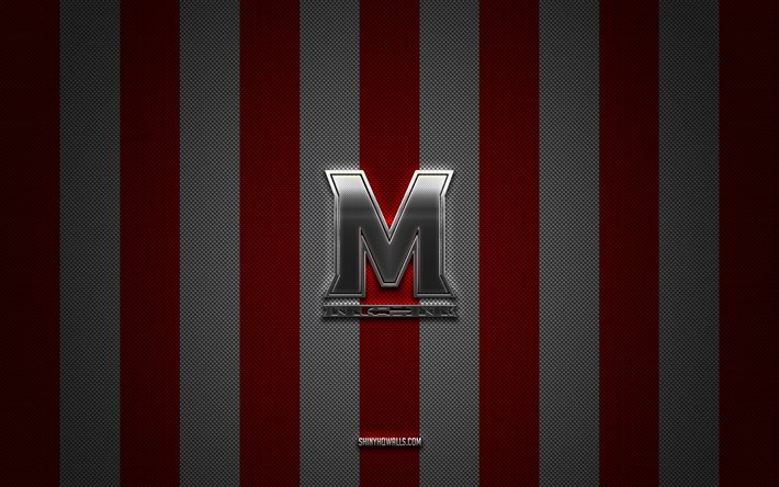 Maryland Terrapins logo, American football team, NCAA, red white carbon background, Maryland Terrapins emblem, football, Maryland Terrapins, USA, Maryland Terrapins silver metal logo