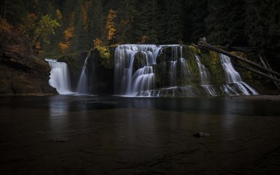 waterfall, lake, yellow trees, forest, beautiful waterfall, autumn landscape, Canada