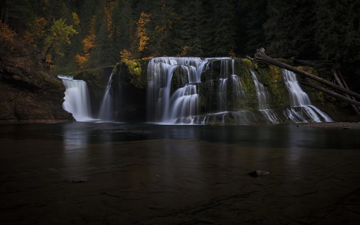 滝, 湖, 黄色い木, 森林, 美しい滝, 秋の風景, カナダ