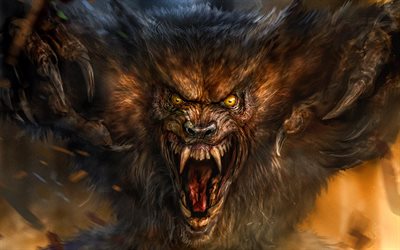 werewolf, anger, monster, artwork, fangs, claws, darkness, grin, angry werewolf