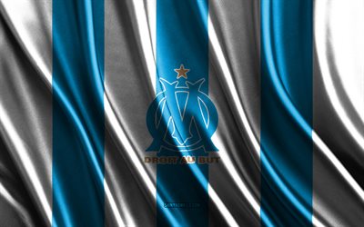 Olympique de Marseille logo, Ligue 1, blue white silk texture, Olympique de Marseille flag, French football team, Olympique de Marseille, football, silk flag, France, Olympique de Marseille badge, Marseille