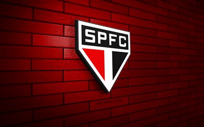 sao paulo fc 3d-logo, 4k, rote ziegelwand, brasilianische serie a, fußball, brasilianischer fußballverein, sao paulo fc-logo, sao paulo fc-emblem, sao paulo, spfc, sportlogo, sao paulo fc