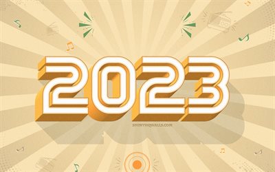 Happy New Year 2023, 4k, 2023 retro 3d background, 2023 concepts, 2023 greeting card, yellow 2023 retro background, 2023 template, 2023 Happy New Year, 2023 art