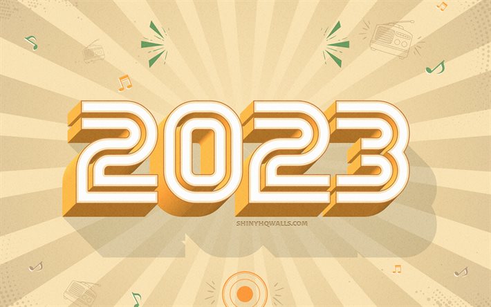 feliz año nuevo 2023, 4k, 2023 fondo retro 3d, 2023 conceptos, tarjeta de felicitación 2023, fondo retro amarillo 2023, plantilla 2023, 2023 feliz año nuevo, arte 2023