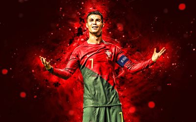 CR7, Cristiano Ronaldo, 4k, Portugal National Football Team, red neon lights, new uniform, soccer, footballers, red abstract background, Portuguese football team, Cristiano Ronaldo 4K
