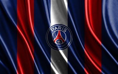 Paris Saint-Germain logo, Ligue 1, PSG logo, red blue white silk texture, Paris Saint-Germain flag, French football team, Paris Saint-Germain, football, silk flag, Paris Saint-Germain emblem, France, Paris Saint-Germain badge, PSG