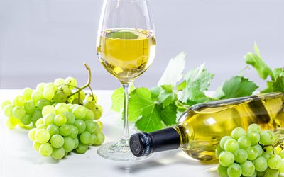 vino bianco, bicchiere di vino, uva bianca, grappolo d uva, bottiglia di vino, uva, concetti di vino