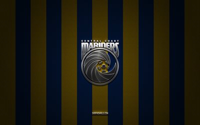 شعار نادي سنترال كوست مارينرز لكرة القدم, نادي كرة القدم الاسترالي, الدوري, أصفر أزرق الكربون الخلفية, كرة القدم, سنترال كوست مارينرز, أستراليا, شعار سنترال كوست مارينرز إف سي المعدني الفضي