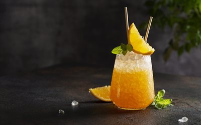 naranja fresca, coctel de naranja, cítricos, jugo de naranja con hielo, naranjas, bebidas refrescantes, jugo de naranja