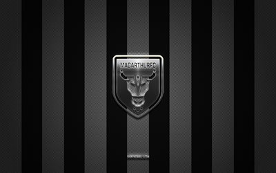Macarthur FC logo, Australian football club, A-League, white black carbon background, Macarthur FC emblem, football, Macarthur FC, Australia, Macarthur FC silver metal logo