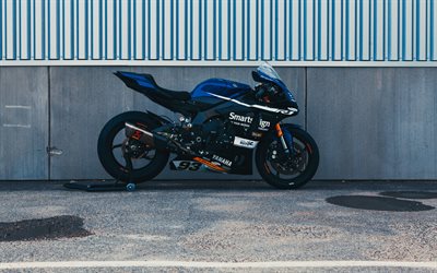 yamaha yzf-r1, 4k, vista laterale, 2022 moto, superbike, moto sportive, blue yamaha yzf-r1, moto giapponesi, yamaha