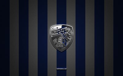 Hapoel Ironi Kiryat Shmona logo, israeli football clubs, Ligat haAl, blue white carbon background, Hapoel Ironi Kiryat Shmona emblem, football, Hapoel Ironi Kiryat Shmona silver metal logo, soccer, Hapoel Ironi Kiryat Shmona FC