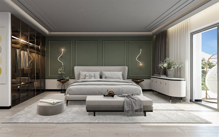 stylish interior design, bedroom, classic style, green walls in the bedroom, bedroom 3d project, wardrobe with glass doors, modern interior, classic style bedroom idea