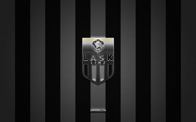lask-logo, österreichische fußballvereine, österreichische bundesliga, schwarz-weißer karbonhintergrund, lask-emblem, fußball, lask-silbermetalllogo, lask fc