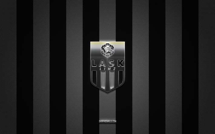 logo lask, squadre di calcio austriache, bundesliga austriaca, sfondo nero carbone bianco, emblema lask, calcio, logo in metallo argento lask, lask fc