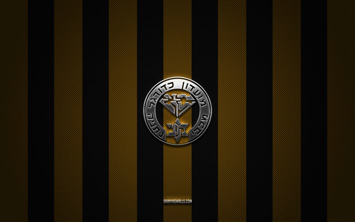 maccabi netanya-logo, israelische fußballvereine, ligat haal, gelber schwarzer kohlenstoffhintergrund, beitar jerusalem-emblem, fußball, maccabi netanya-silbermetalllogo, maccabi netanya fc