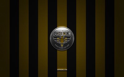 logo du wellington phoenix fc, club de football australien, a-league, fond de carbone noir jaune, emblème du wellington phoenix fc, football, wellington phoenix fc, australie, logo en métal argenté du wellington phoenix fc