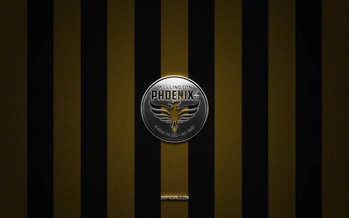 wellington phoenix fc logosu, avustralya futbol kulübü, a-ligi, sarı siyah karbon arka plan, wellington phoenix fc amblemi, futbol, wellington phoenix fc, avustralya, wellington phoenix fc gümüş metal logo