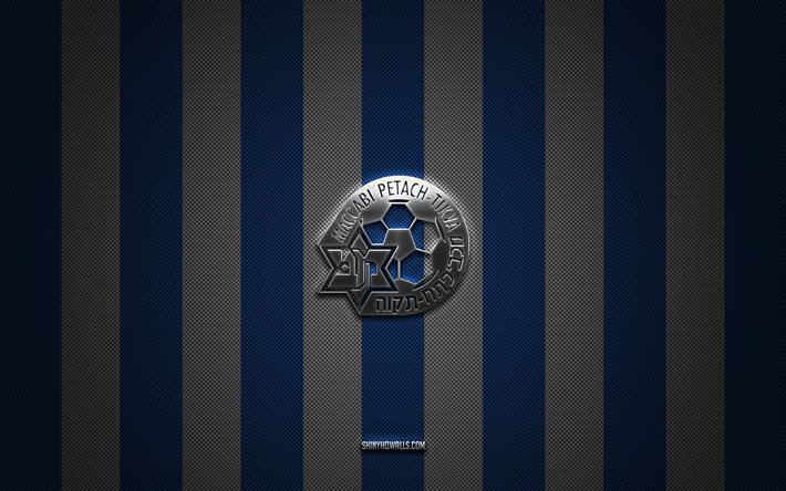 maccabi petah tikva-logo, israelische fußballvereine, ligat haal, blau-weißer kohlenstoffhintergrund, maccabi petah tikva-emblem, fußball, maccabi petah tikva-silbermetalllogo, maccabi petah tikva fc