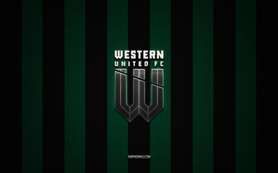 western united fc logotipo, australiano clube de futebol, a-league, verde carbono preto de fundo, western united fc emblema, futebol, western united fc, austrália, western united fc logotipo de metal prateado