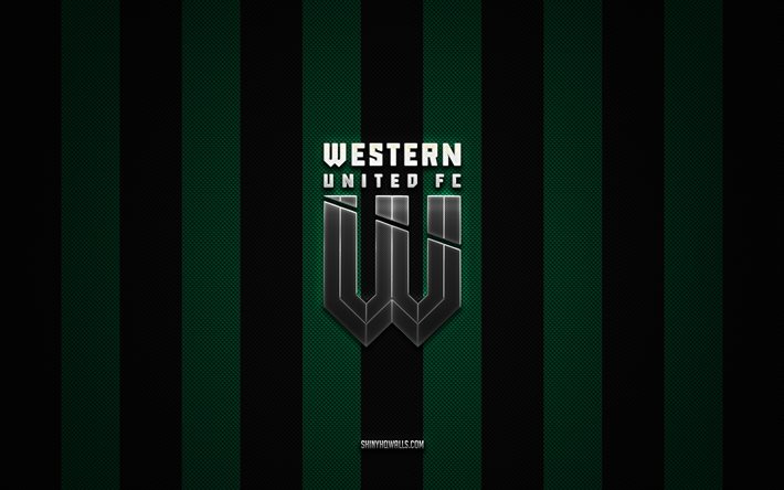 logo western united fc, club de football australien, a-league, fond carbone noir vert, emblème western united fc, football, western united fc, australie, logo en métal argenté western united fc