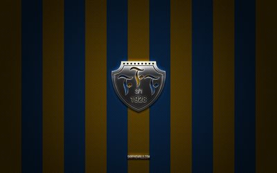 logo falkenbergs ff, squadra di calcio svedese, allsvenskan, sfondo blu giallo carbonio, emblema falkenbergs ff, calcio, falkenbergs ff, svezia, logo in metallo argento falkenbergs ff
