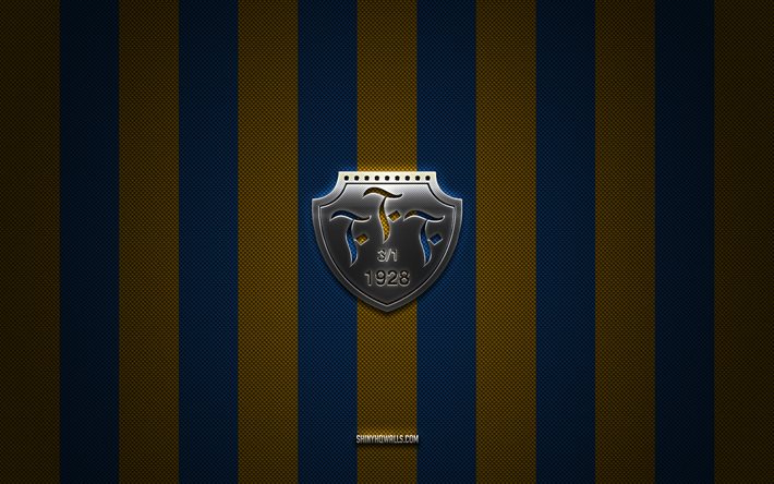 شعار falkenbergs ff, نادي كرة القدم السويدي, allsvenskan, خلفية الكربون الأصفر الأزرق, كرة القدم, فالكنبرجس ff, السويد, شعار falkenbergs ff المعدني الفضي